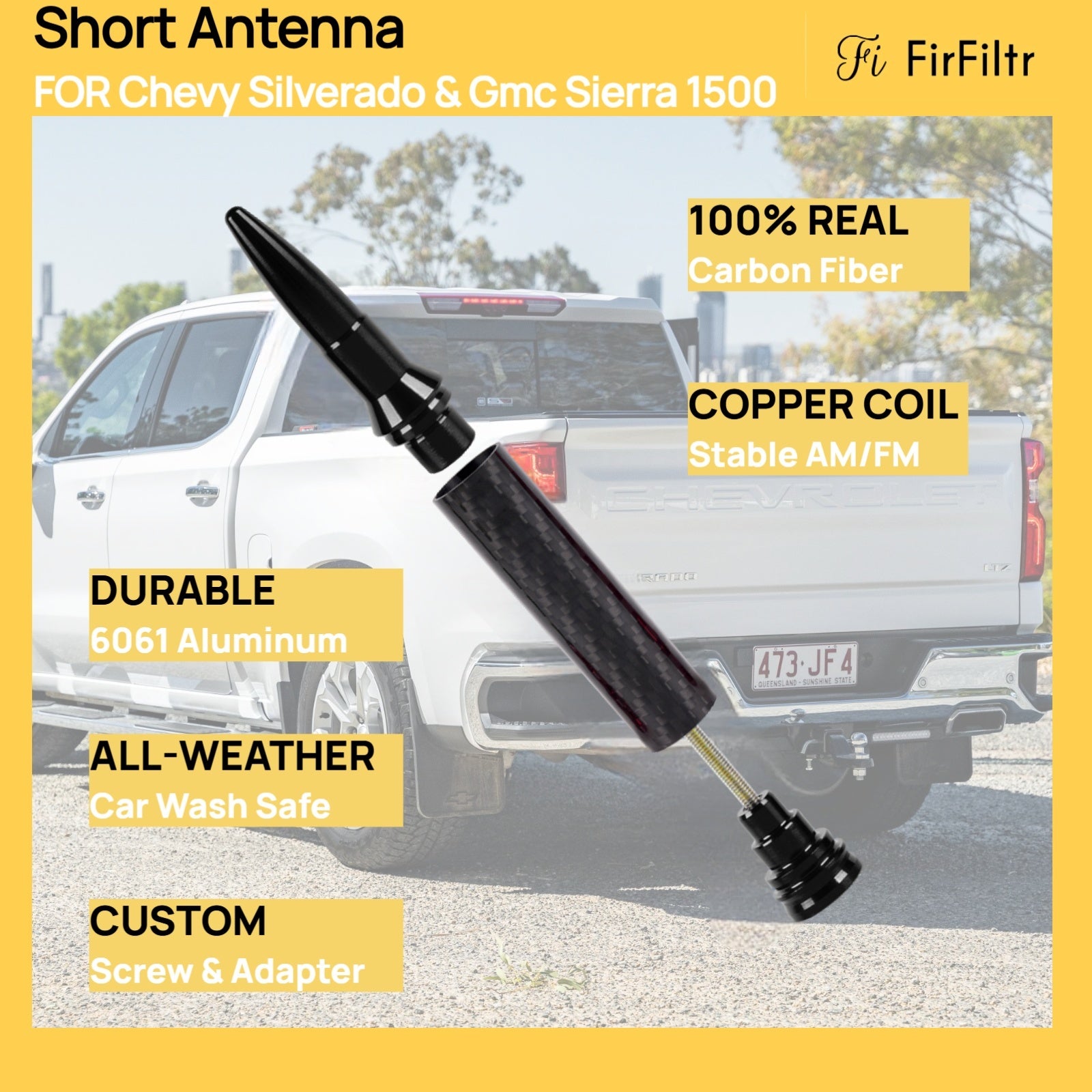 Carbon Fiber Truck Antenna for Chevy Silverado 1500 2500 3500 & GMC Sierra 1999-2025,Chevy Silverado Antenna Truck Accessories,Short Car Video Antennas