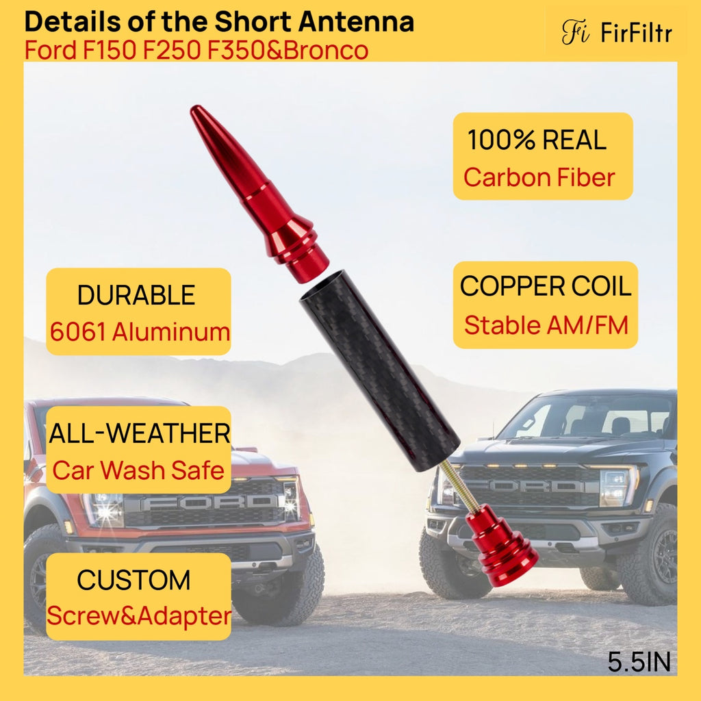 5.5IN Carbon Fiber 50 Cal Bullet Short Antenna for Ford F150 2009-2026,2017-2026 F250 F350 Super Duty,Bronco 2021-2026,Truck Antenna for F150 Accessories