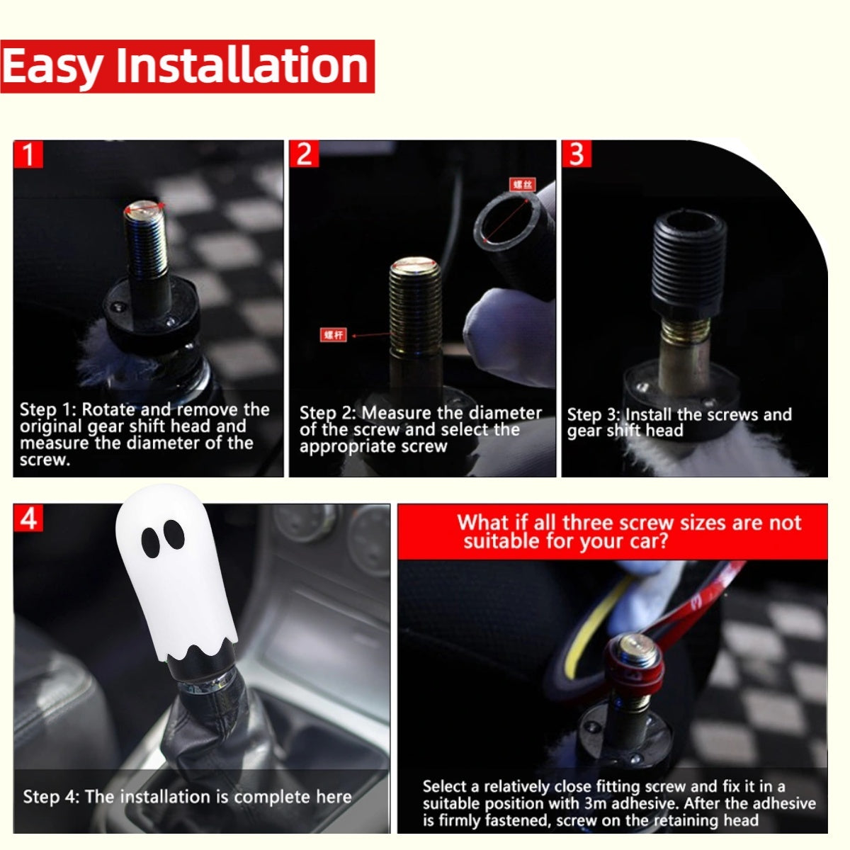 Universal Ghost Gear Shift Knob with 3 Threaded Adapters M8 M10 M12,Fits for Most Vehicles,Spooky Car Accessories Funny Gear Shifter Handle On Halloween